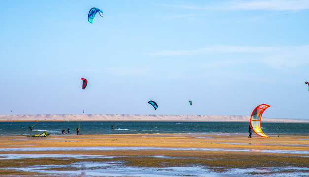 surfers on the Dakhla sea, Western Sahara, Morocco