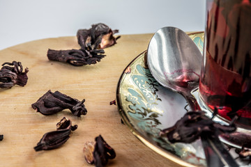Hot tea, hibiscus tea, place for text.