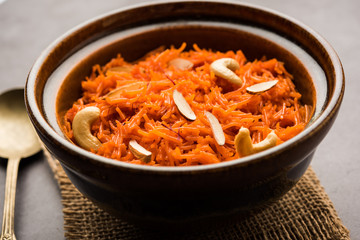 Vermicelli  / Semiya Kesari is a popular indian sweet served in a bowl, garnished with dry fruits like cashew and almond, made in pure ghee