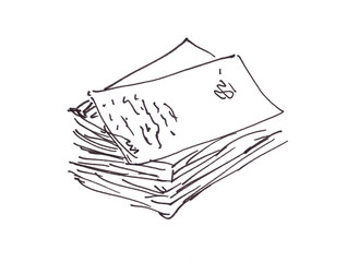 graphic black and white linear drawing a stack of paper with handwritten text