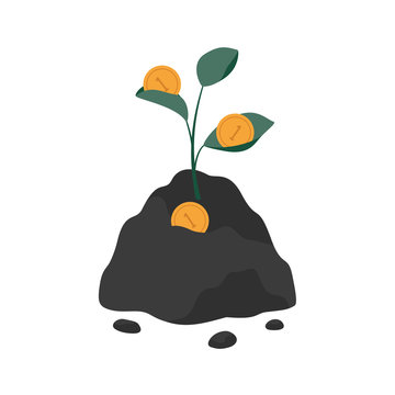 Green Investment Concept. A Plant Growing From The Ground Brings Gold Coins. Money Tree Generates Cash. Vector Flat Illustration