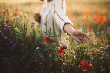 Foto op Plexiglas Vrouw in rustieke jurk die papaver en wilde bloemen verzamelt in zonsonderganglicht, wandelend in de zomerweide. Sfeervol authentiek moment. Ruimte kopiëren. Hand oppakken van bloemen op het platteland. Landelijk langzaam leven © sonyachny