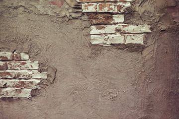 Concrete wall texture with white bricks. Background of the old wall in brown, copy space for text