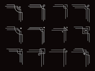 art deco corners set, filigree geometric lines for vintage borders and frames, vector decoration elements on black background.