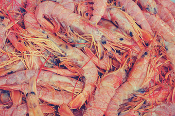 Background in the form of red langoustines, close-up