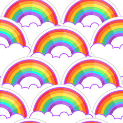 Rainbows and clouds seamless pattern. Trendy stylish texture. Repeating colorful tile, artwork for print and textiles. Isolated vector illustration. LGBT concept.