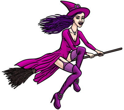 A young witch is flying on a broomstick.