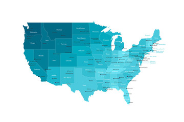 Vector modern illustration. Simplified isolated administrative map of USA (only contiguous states) . White background, blue shapes. Names of states and some big and capital cities.