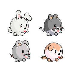 set of pet illustration, cartoon bunny, cat, hamster, dog