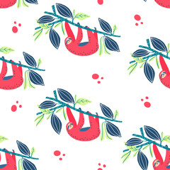 Sloth on branch. Vector print element. Seamless pattern © Milana