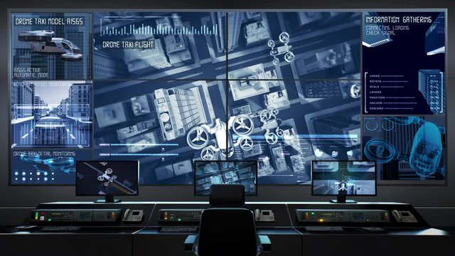 Autonomous flying drone taxi through the city center roads in city control center, top view, futuristic user interface. 4k animation.