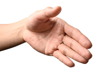 Hand open and ready to help or receive. Gesture isolated on white background with clipping path.