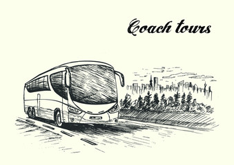 Bus quickly moving on highway,hand drawn, sketch style,vector, illustration. © Artem