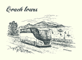 Travel bus moving along the sea background. Hand drawn vector © Artem