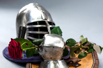 Knight's metal helmet isolated on white background.