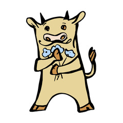 A cute cow is holding a bouquet of blue flowers. Vector illustration in cartoon style. Hand drawn. On white background.