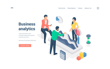 People analyzing business data together. Isometric vector illustration
