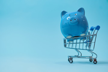 Piggy bank with basket on a blue background. online shopping, saving your family budget