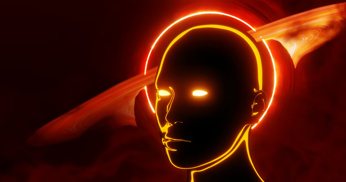 menschlicher Kopf mit gl&uuml;henden Augen vor dem Ereignishorizont eines schwarzen Loches, kreatives 3D Rendering