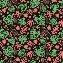  Seamless pattern of tropical leaves, flowers and plants on a black background. Bright botanical background of pink and green plant elements. Floral hand drawn Scandinavian style in a flat vector © Catrin1309