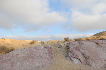 Desert landscape at sunrise. Hiking desert part of Israel National Trail. Negev desert . Valley. Colorful sands 