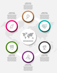 Vector business infographic. Organization graph with 6 circles. Template used for presentation, diagram, number options, web design, workflow layout