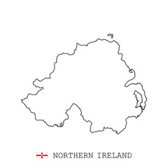 Northern Ireland map line, linear thin vector. Northern Ireland simple map and flag.