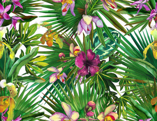 Tropical seamless pattern with tropical flowers, banana leaves.  Painted in watercolor on a white background. Round palm leaves, watercolor painted orchids. © Арина Трапезникова