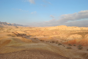 Desert landscape at sunrise. Hiking desert part of Israel National Trail. Negev desert . Valley. Colorful sands 