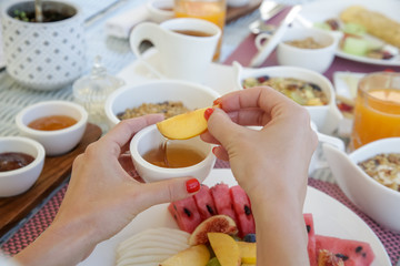 Fruit platter and cereals for breakfast, healthy raw organic breakfast option	