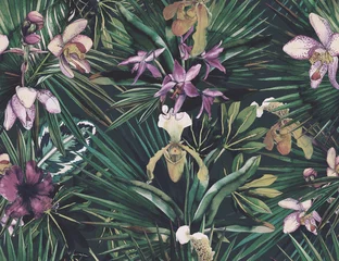 Papier Peint photo Orchidee Modèle sans couture tropical avec des fleurs tropicales, des feuilles de bananier. Feuilles de palmier rondes, orchidées peintes à l& 39 aquarelle.