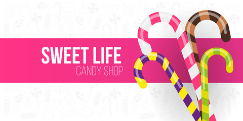 Candy Shop pink banner with sweets on the hand draw doodle background.