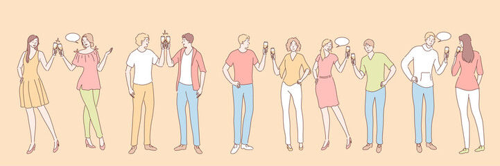 People with alcohol drinks set concept. Group of young people men women boy girls with alcoholic drinks beverages together. Collection of happy talking students friends with champagne. Party lifestyle