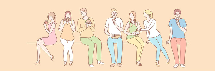 Students lunch time, fastfood set concept. Group of young people friends teenagers men women boys girls together communicate with lunch burger meatball ice cream, drink. Leisure time student lifestyle