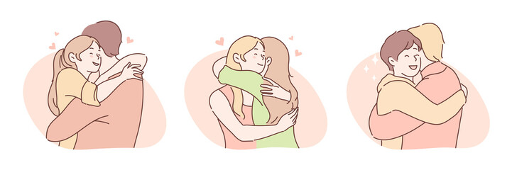 Love, relationship, friendship set concept. Young hugging couples in love teenagers, men, women or boy girlfriends. Romantic date, meeting. Sexual minority, lesbian, gay, bisexual or hetero