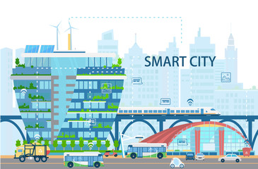 Obraz premium Smart city landscape with modern buildings, bullet train, electro buses and cars, sunbatteries, network of things, icons. City of future concept. Flat vector illustration.