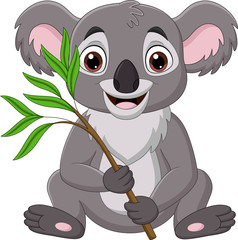 Cartoon koala holding a branch of eucalyptus tree