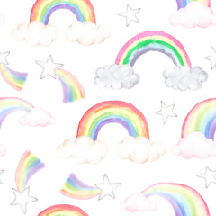 Watercolor seamless pattern with colorful rainbow