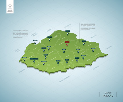 Fototapeta Stylized map of Poland. Isometric 3D green map with cities, borders, capital Warsaw, regions. Vector illustration. Editable layers clearly labeled. English language.