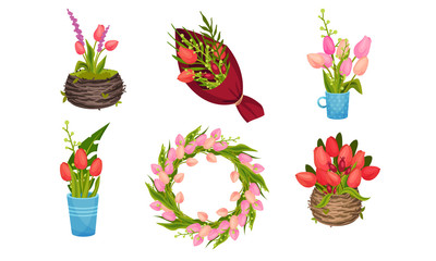 Bouquets of Tulips Wrapped in Pack Paper and Flowerpot Vector Set