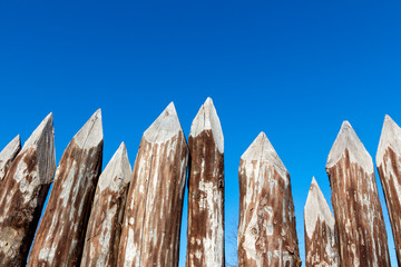 Fototapeta premium Palisade of thick hewn tree trunks (Stockade)