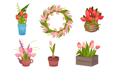 Bouquets of Tulips in Wooden Crate and Flowerpot Vector Set