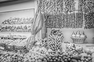 A stand with fruit and vegetables in the market (Funchal, Madeira, Portugal)  