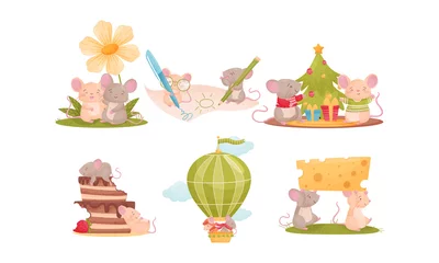 Tuinposter Dieren in luchtballon Muizen stripfiguren zitten in de buurt van de kerstboom en het dragen van kaas Vector Set