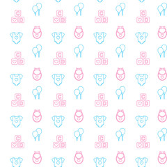 Baby shower seamless pattern with cute baby playsuit, toy cubes, balloons and a bib. Print design for baby goods and clothes