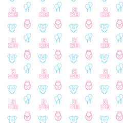 Baby shower seamless pattern with cute baby playsuit, toy cubes, balloons and a bib. Print design for baby goods and clothes