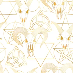 Gordijnen Vector hand getekende naadloze patroon met magische astrologie, alchemie, spiritualiteit en occultisme symbool. In schetsstijl met de illustratie van de geitschedel. Het beste voor verpakking, behang of textielontwerp. © Juri Kam