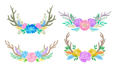 Deer Antlers Arranged with Showy Flower Buds and Tender Feathers Vector Set