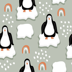 Obraz premium Seamless Pattern with Funny Penguins on Ice Floes