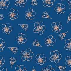 Seamless vector pattern of frangipani flowers. Powder plumeria on classic blue background. Illustration in doodle style.